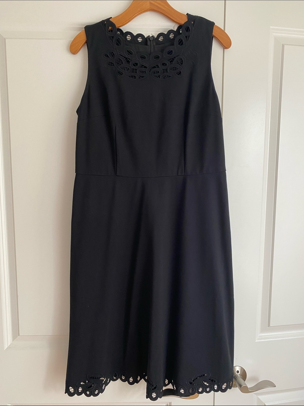 Talbots Black Sleeveless Midi Dress with Laser-Cut Neckline and Hem